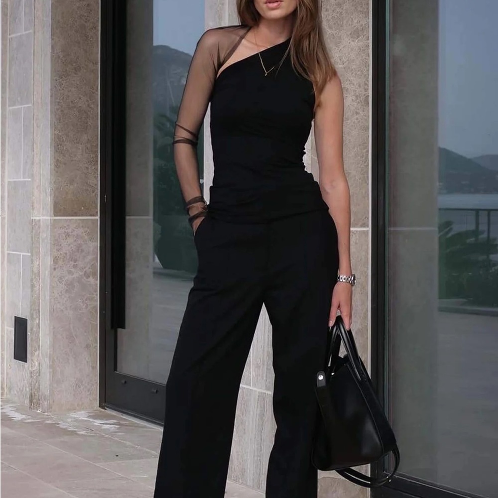 MARCELLA NEW YORK Manhattan Mesh sleeve black top LARGE